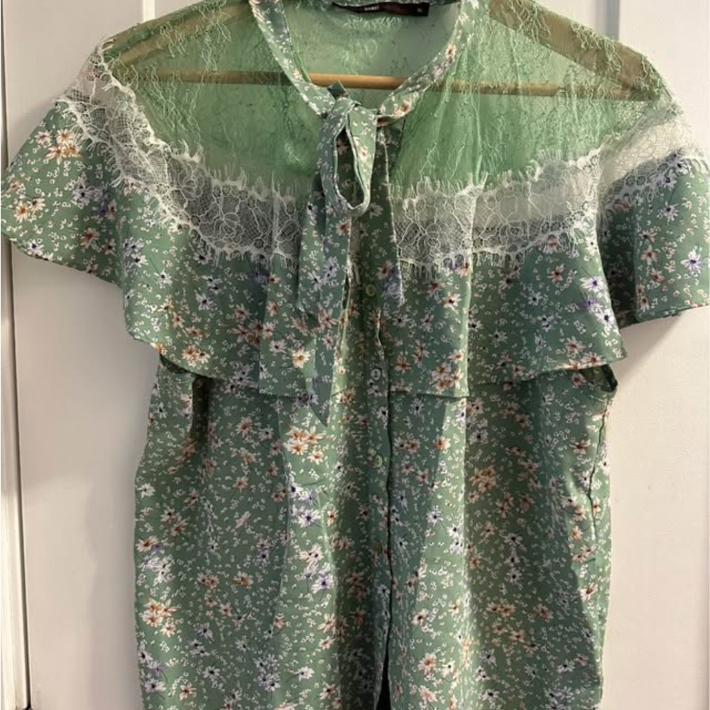 hazel Green Floral Lace-Trim Tie-Neck Blouse